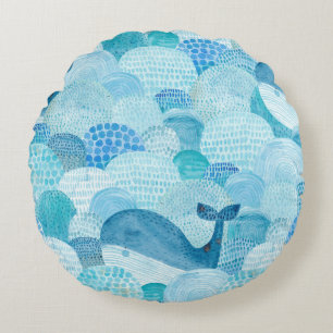 Wellen, Wale, kindische blaue Textur Rundes Kissen