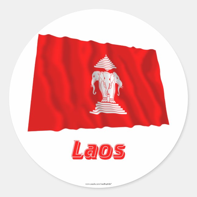 Wellenartig bewegende Flagge Laos mit Namen Runder Aufkleber (Vorderseite)