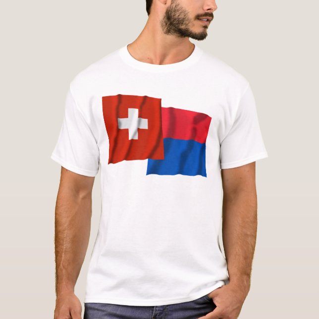 Wellenartig bewegende Flaggen der Schweiz u. T-Shirt (Vorderseite)