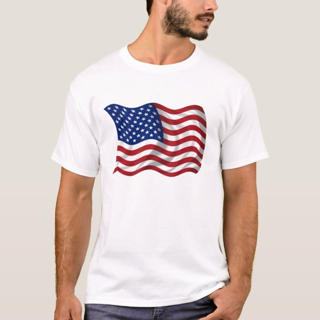 wellenartig bewegende US-amerikanische Flagge T-Shirt (Vorderseite)