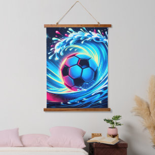 Wellenfußballball Futuristische Ozean Fußball Surf Wandteppich Mit Holzrahmen
