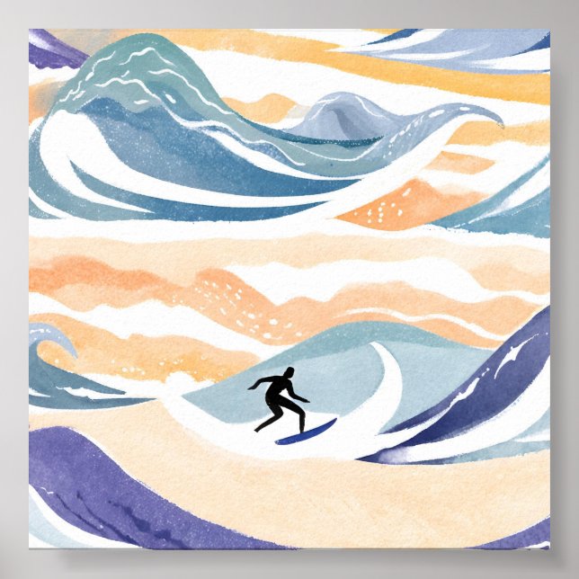Wellenreiten | Zeitgenössischer Wasserfarbenozean Poster (Vorne)