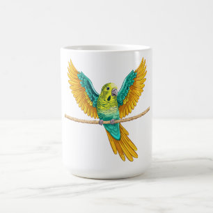 Wellensittich sitzt auf einem Seil mit offenen Flü Kaffeetasse