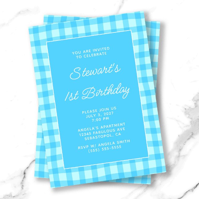 Wellige blaue Sommer-Gingham-Bold 1. Geburtstag Einladung (Wavy Blue Summer Gingham Bold 1st Birthday Invitation)