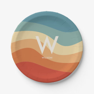 Wellige Retro-gestreifte Monogramm-Party Pappteller