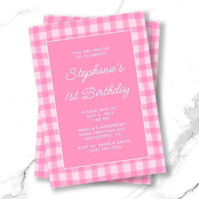 Wellige rosa Sommer-Gingham-Kühn 1. Geburtstag Einladung (Wavy Pink Summer Gingham Bold 1st Birthday Invitation)