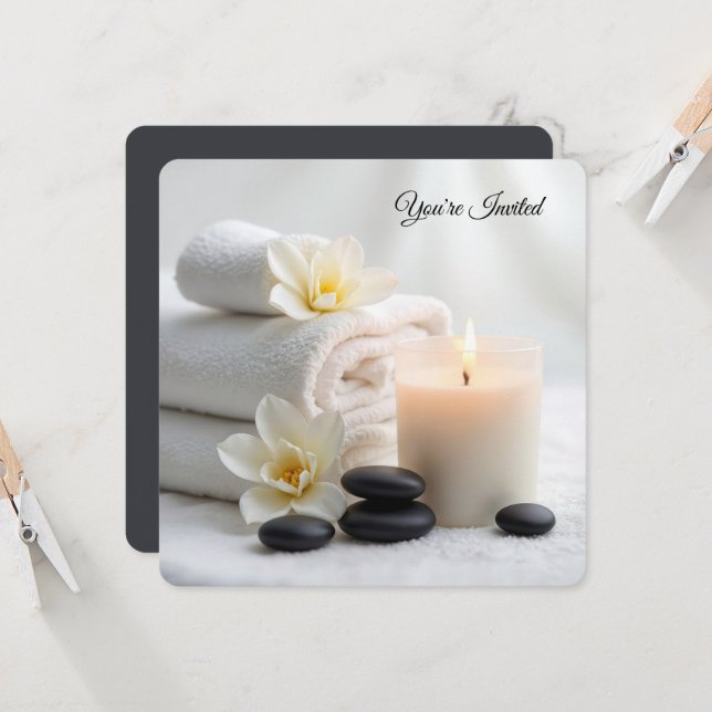 Wellness-Center Brautparty mit Magnolien-Blume Einladung (Vorderseite/Rückseite Beispiel)