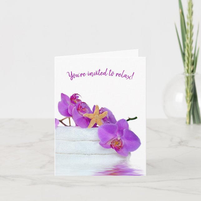 Wellness-Center Party mit Orchideen auf Handtücher Einladung (Vorderseite)