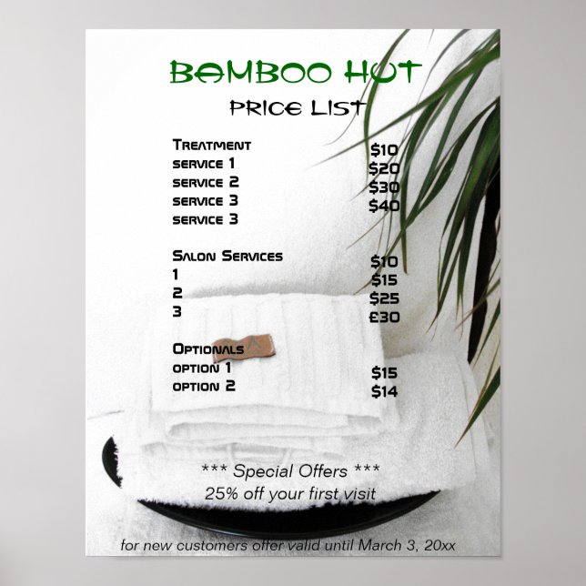 Wellness-Center Salon Massage Preisliste Poster (Vorne)