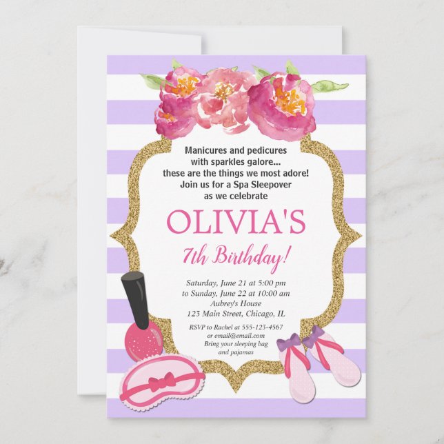Wellness-Center Sleepover lila und gold Geburtstag Einladung (Vorderseite)