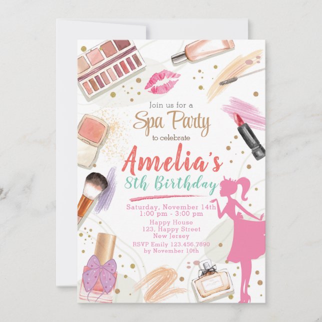 Wellness-Center zum Geburtstag Einladung. Schminke Einladung (Vorderseite)