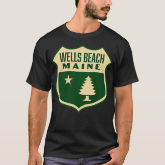 Wells Beach Maine Retro Pine Tree Shield Tan T-Shirt