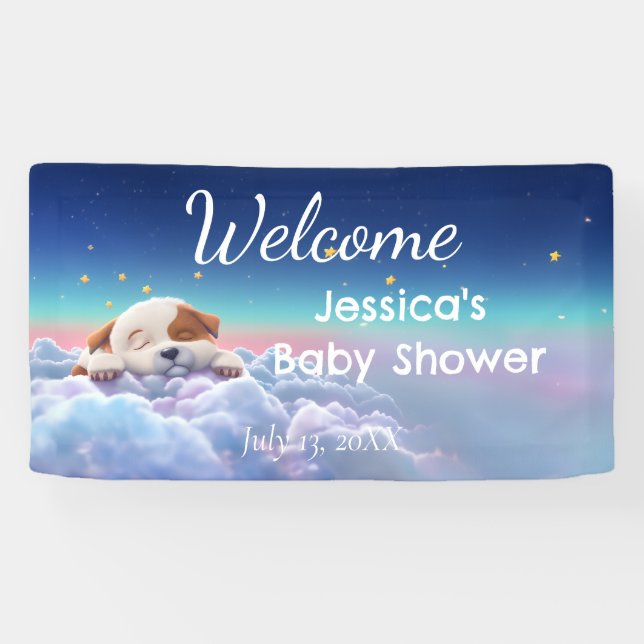 Welpe auf einer Cloud-Babydusche Banner (Horizontal)