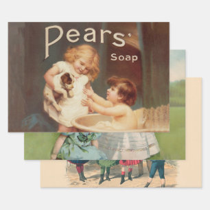 Welpe beim Baden Vintage Antik Geschenkpapier Set