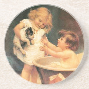Welpe beim Baden Vintage Antik Getränkeuntersetzer