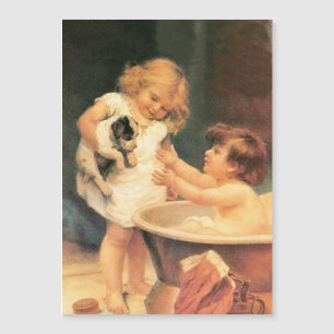 Welpe beim Baden Vintage Antik Magnetkarte