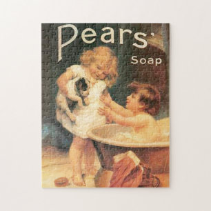 Welpe beim Baden Vintage Antik Puzzle