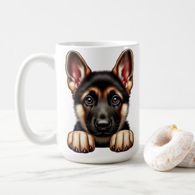 Welpe der Deutschen Hirte mit ausdrucksvollen Auge Kaffeetasse (Mit Donut)