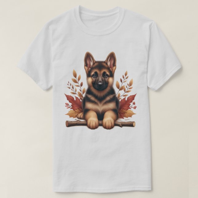 Welpe der deutschen Schäferhunde mit Herbstblätter T-Shirt (Design vorne)