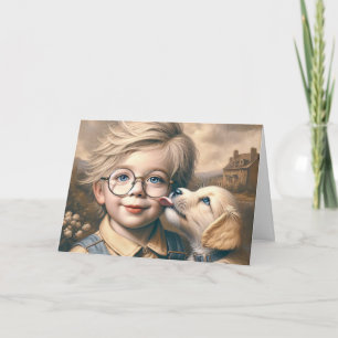 Welpe, die das Gesicht des Jungen leckt Karte