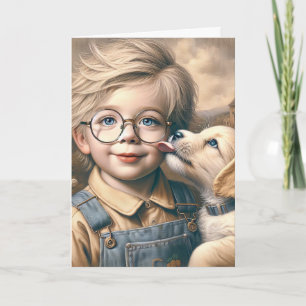 Welpe, die das Gesicht des kleinen Jungen leckt Karte