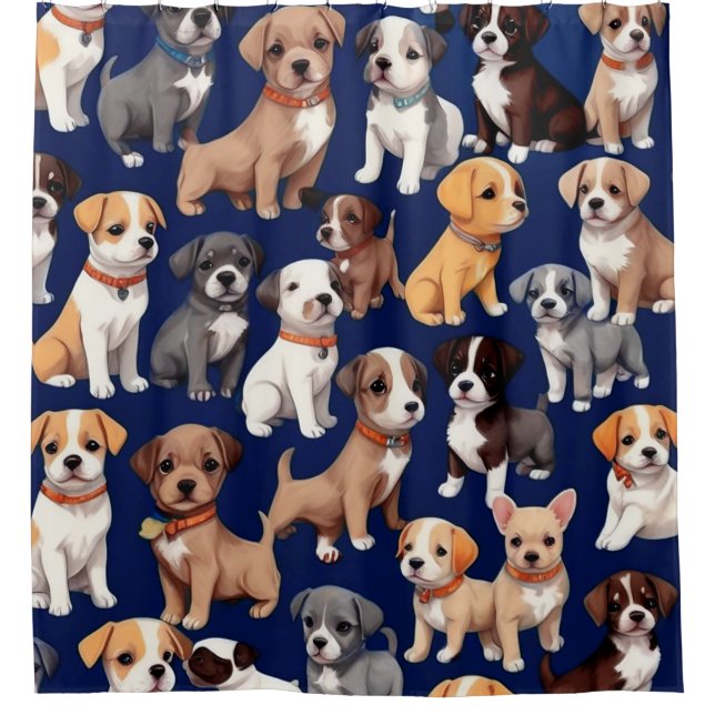 Welpe Dog Navy Blue Design Duschvorhang (Vorderseite)