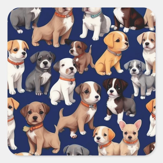 Welpe Dog Navy Blue Design Quadratischer Aufkleber (Vorderseite)
