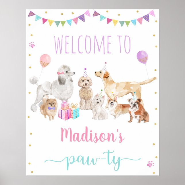 Welpe Dog Pink Girl Paw ty Birthday Willkommen Poster (Vorne)