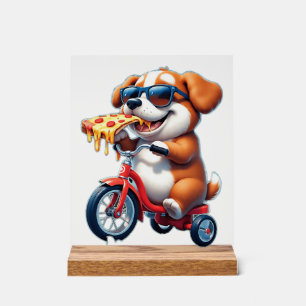 Welpe fährt Fahrrad und isst Pizza Acrylschild