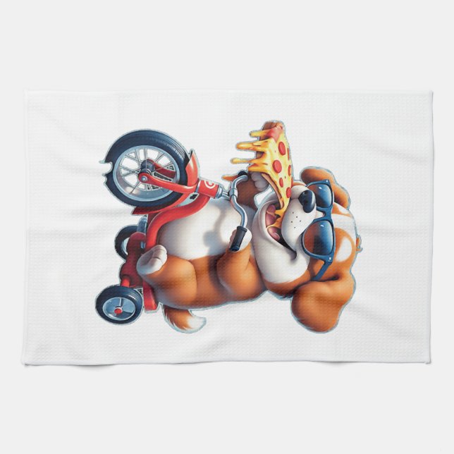 Welpe fährt Fahrrad und isst Pizza Geschirrtuch (Horizontal)