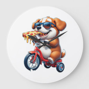 Welpe fährt Fahrrad und isst Pizza Große Wanduhr
