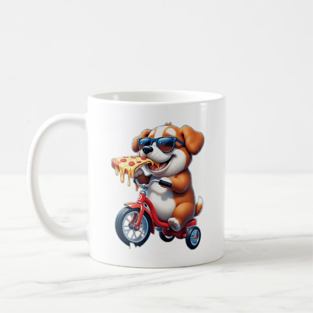 Welpe fährt Fahrrad und isst Pizza Kaffeetasse (Links)