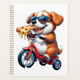 Welpe fährt Fahrrad und isst Pizza Planer