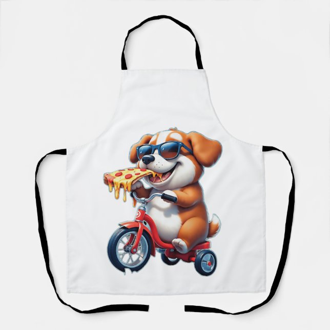Welpe fährt Fahrrad und isst Pizza Schürze (Vorderseite)