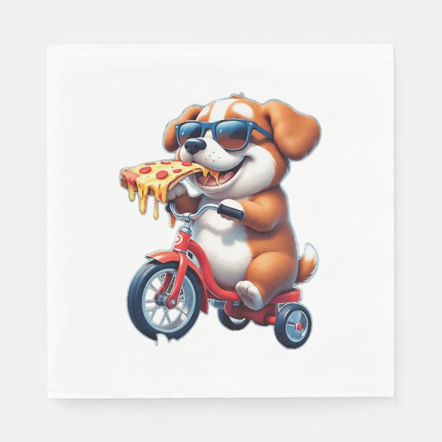 Welpe fährt Fahrrad und isst Pizza Serviette (Vorderseite)