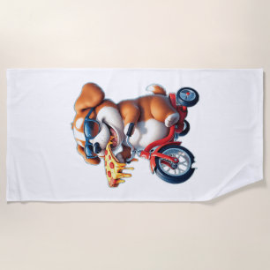 Welpe fährt Fahrrad und isst Pizza Strandtuch