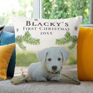 Welpe First Christmas Pine Branch Hund Foto Kissen