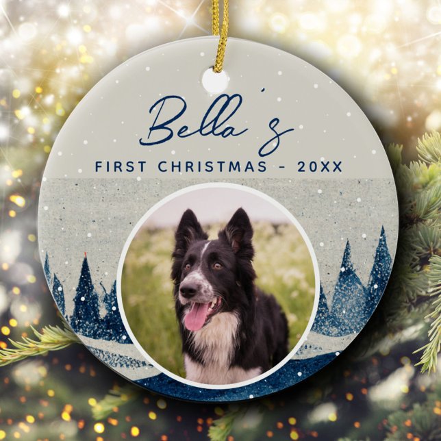 Welpe First Christmas Winter Forest Dog Foto Keramik Ornament (Von Creator hochgeladen)