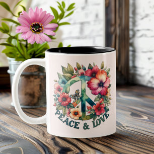 Welpe & Floral 70er Retro "Frieden & Liebe" Friede Zweifarbige Tasse