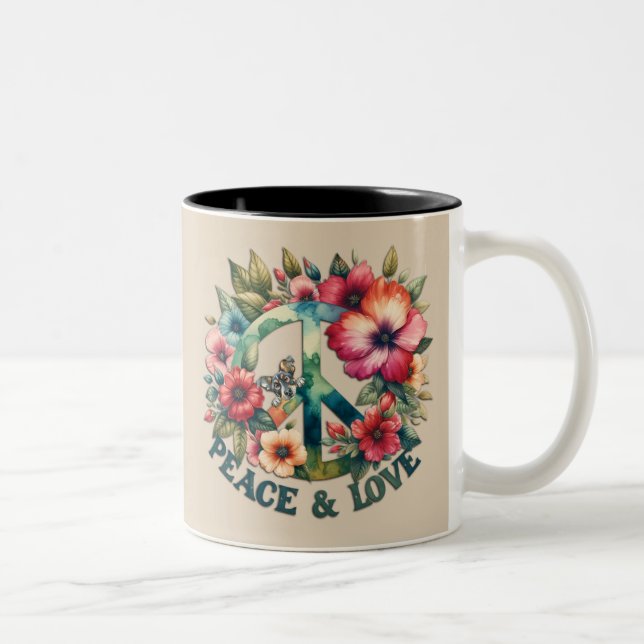 Welpe & Floral 70er Retro "Peace & Liebe" Zweifarbige Tasse (Rechts)
