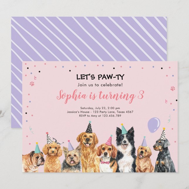 Welpe Geburtstag Einladung Hund Party Pawty Pink (Vorne/Hinten)