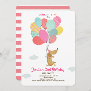 Welpe Hund Birthday Einladung Balloons Girl pink