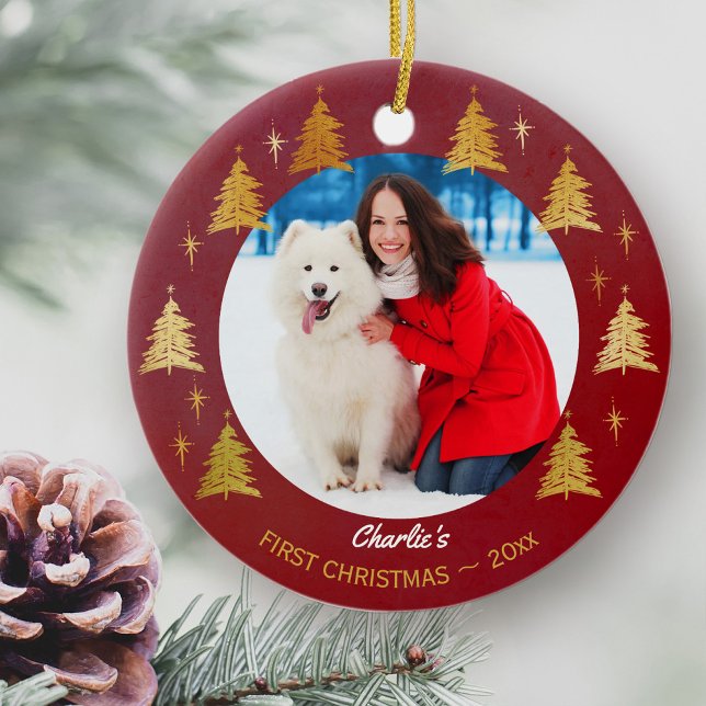 Welpe Hund Erste Weihnachten Custom Pet Foto - Red Keramik Ornament (Christmas photo ornament for your dog's first christmas with you)