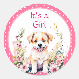 Welpe Hund in Blume Girl's Baby Shower sein Mädche Runder Aufkleber