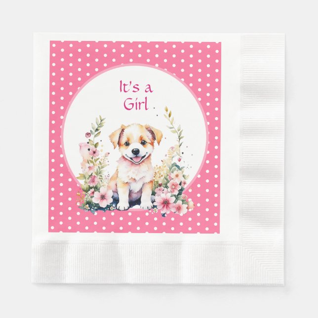 Welpe Hund in Blume Girl's Baby Shower sein Mädche Serviette (Vorderseite)