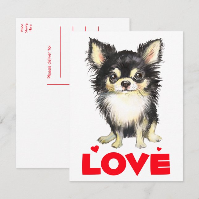 Welpe Hund Long Hair Wasserfarbe Chihuahua Liebe Postkarte (Vorne/Hinten)