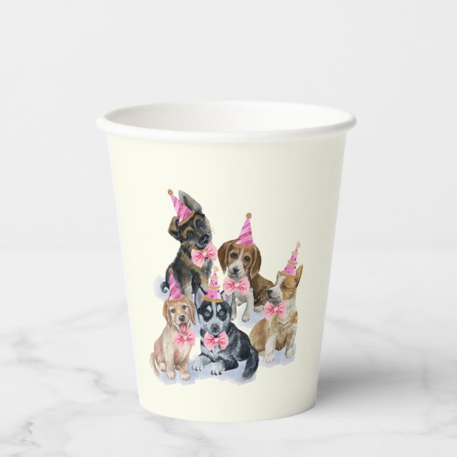 Welpe Hund 🐶 Pink Erste Geburtstagsparty Pappbecher (Vorderseite)