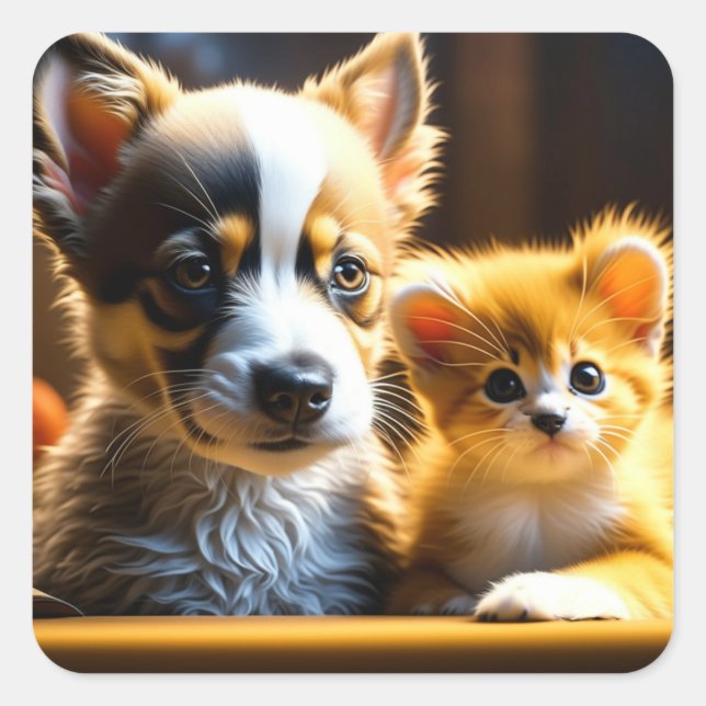 Welpe Hund und Orange Kitten Ai Art Quadratischer Aufkleber (Vorderseite)