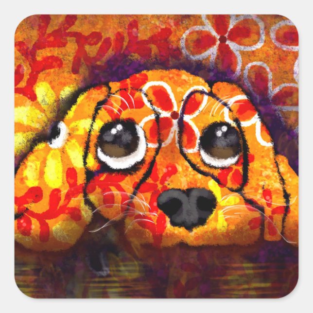 Welpe Hunde Augen Whimsisches Abstraktes Blütenora Quadratischer Aufkleber (Vorderseite)