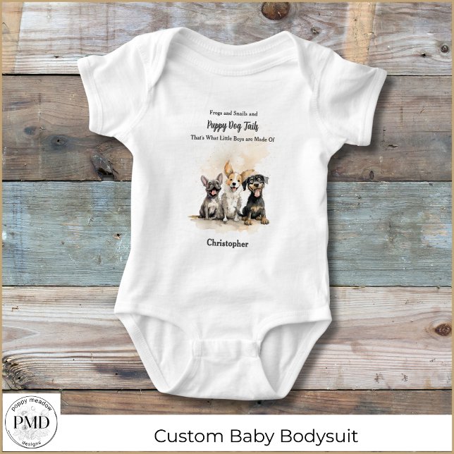 Welpe Hunde Schwänze Rhyme Baby Boy Personalisiert Baby Strampler (Puppy Dog Tails Nursery Rhyme Baby Boy Personalized Bodysuit with Watercolor Puppies, Boy's Name.)